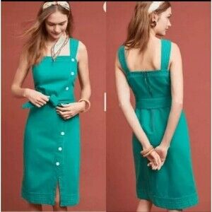Anthropologie Maeve Elizabeth Green Side Button Denim Green Dress Size 4‎ Used